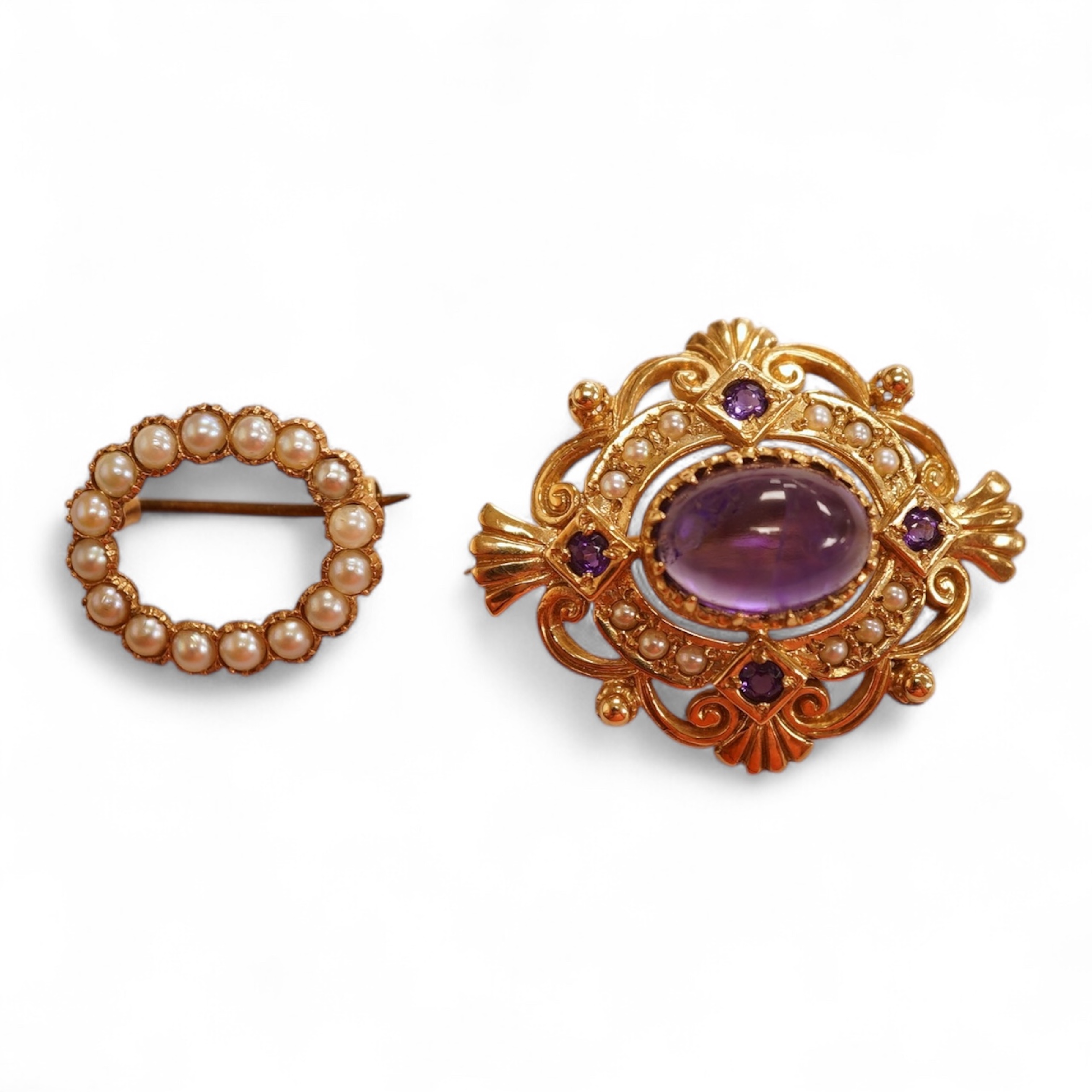 A cabochon amethyst and half pearl brooch, mounted in 9ct gold, length 3.7cm, British hallmarks, gross weight approximately 9.5 grams; and a 9ct half pearl wreath brooch, length 2.1cm, British hallmarks, gross weight 2 g